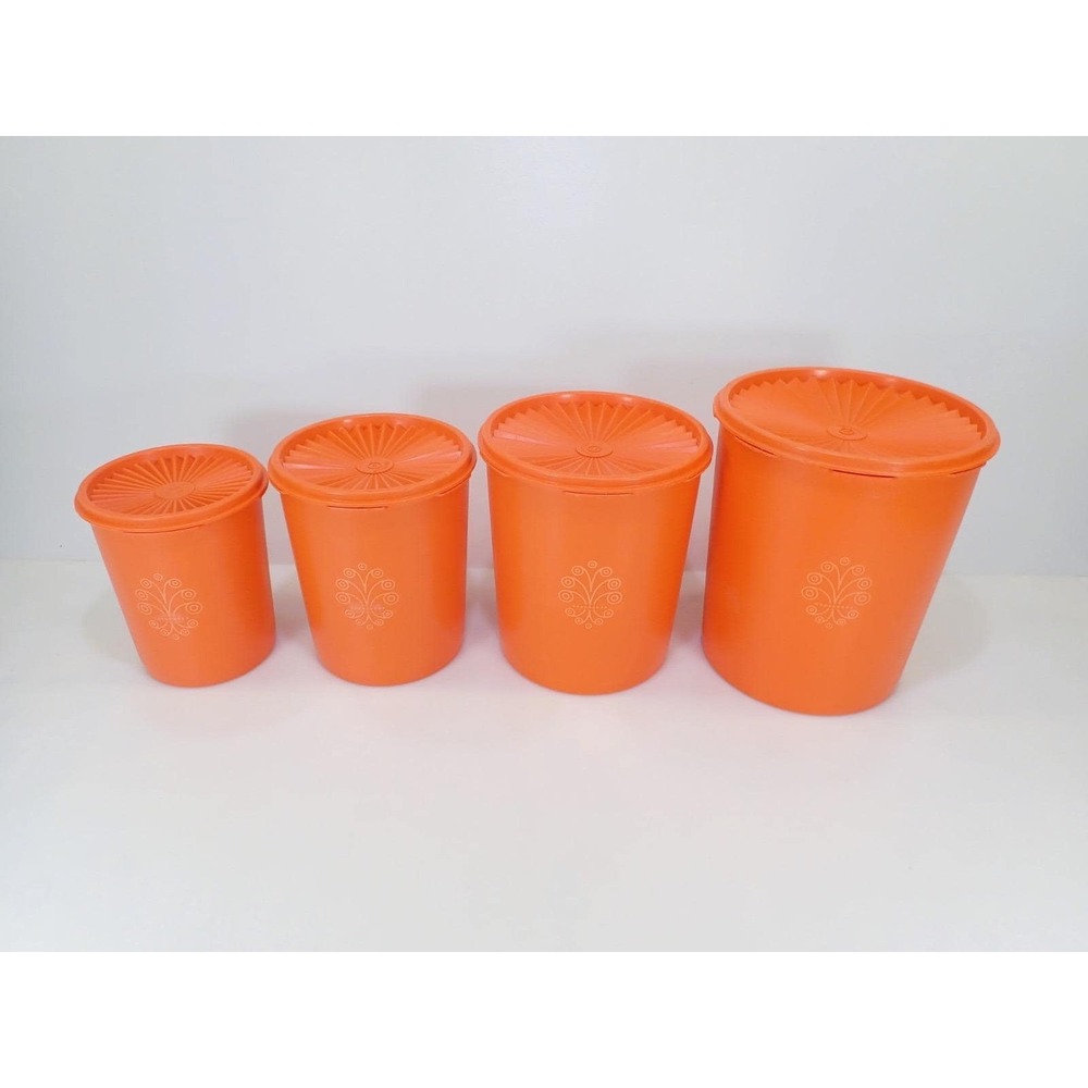 Vintage Tupperware Servalier Nesting Canister Set of 4 Orange Sunburst Lids 1970